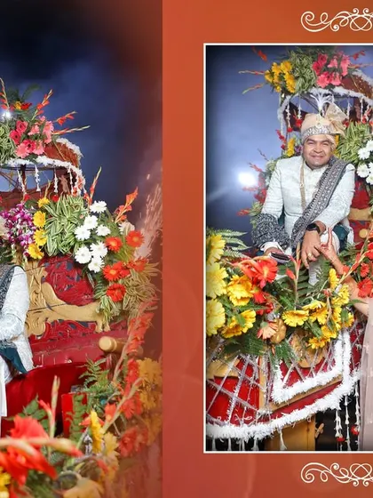 An album layout capturing the groom's grand entrance on a decorated chariot during the baraat.
