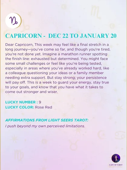 This week's tarot guidance for Capricorn. This week may feel like a final stretch in a long journey. Stay strong, your persistence will pay off.
