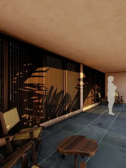 A render of the upper-floor balcony, enclosed by vertical wooden louvers. This design element provides privacy and shade while allowing for natural ventilation and creating beautiful patterns of light and shadow throughout the day.