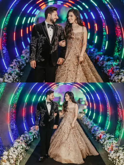 A futuristic and fun entry for the couple through a tunnel of neon lights at their reception party.