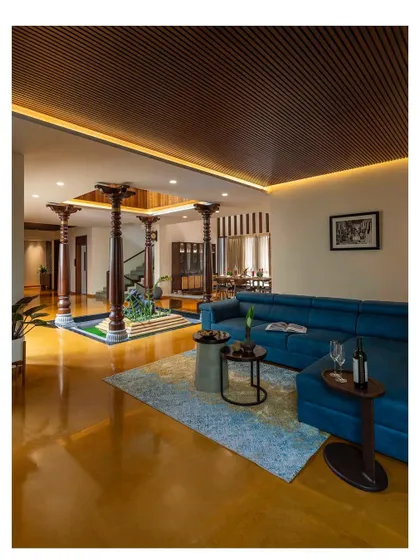 The family living area on the ground floor, centered around the traditional courtyard, provides a comfortable and connected space for the senior members of the family.