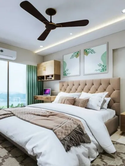 A duplicate of image 238, showing a bright bedroom with a tufted headboard and an integrated study nook.