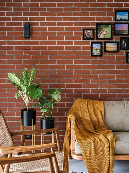 A close-up of the living room's brick wall, showcasing its rich texture. The warm tones of the brick are complemented by the wooden furniture and soft textiles, creating a cozy and grounded corner.