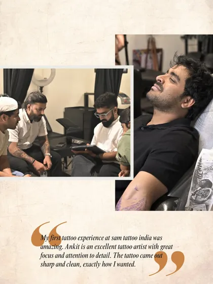 "My first tattoo experience at Sam Tattoo India was amazing. Ankit is an excellent tattoo artist with great focus and attention to detail." A client relaxing during his session.