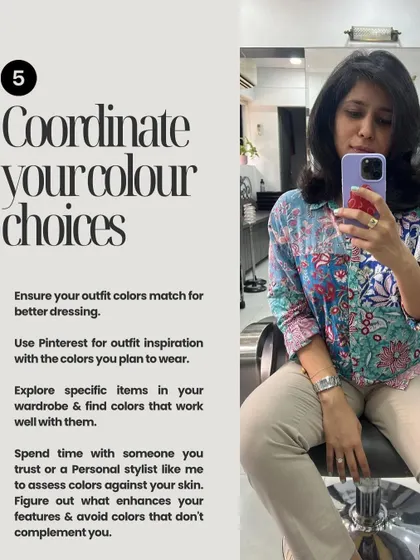 Style Tip #5: Coordinate your color choices. I share advice on how to use a three-color rule and assess which colors work best for your skin tone to enhance your features.