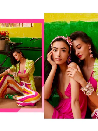 More from the 'UTOPIA' campaign, this time with clashing prints and bright colors. The striped pants and neon green shirt create a fun, eclectic backdrop for the handmade jewelry.