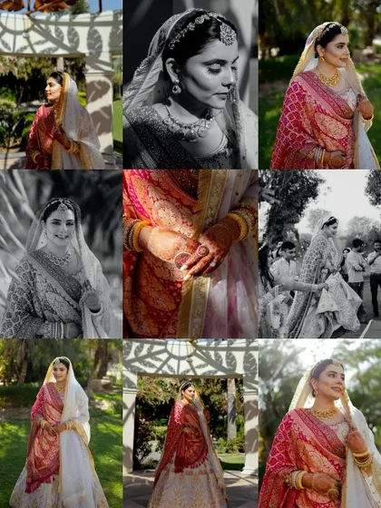 A grid of nine bridal portraits, showcasing the bride's elegance from various angles. The mix of color and black and white creates a timeless and comprehensive look at her bridal style.