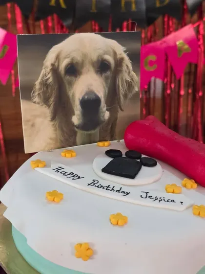 A custom birthday cake for a one of a kind dog. We made sure Jessica's special day was filled with all her favorite things, including a cake with her picture on it.