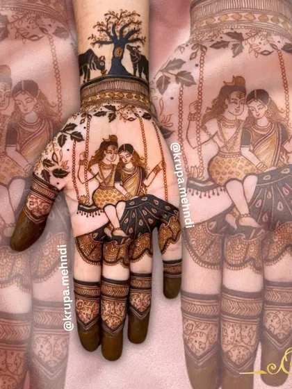 A divine depiction of Shiv and Parvati on a swing, this design is for the bride who wants to carry blessings and grace on her hands. This is a sample of the spiritual portrait work I love to create.
