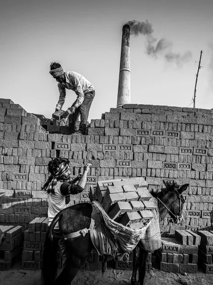 Workers load bricks onto a mule, with the chimney of the kiln smoking in the background. This black and white composition tells the complete story of the brick-making process.