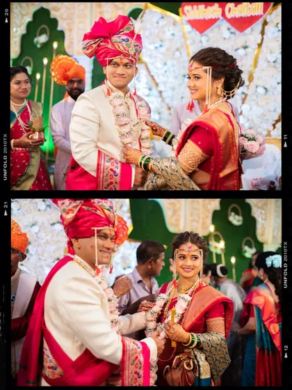 A diptych capturing the playful and significant moments of the Varmala exchange in a Maharashtrian wedding.