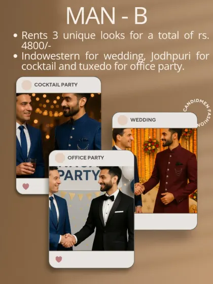 This is Man B. He rents three unique looks for a wedding, a cocktail party, and an office party, all for a total of ₹4,800. He looks fresh at every event without cluttering his wardrobe or emptying his wallet.