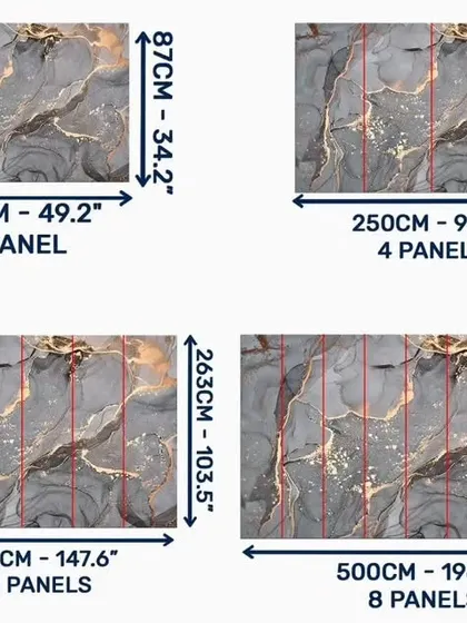 To ensure a perfect fit for any wall size, I provide detailed panel layouts for my large-scale murals. This diagram shows how the gold-accented marble design is divided for easy and seamless installation.