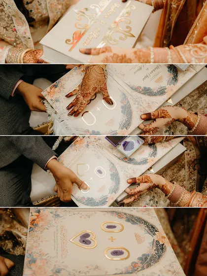 A collage showing the signing of the Nikahnama, a pivotal and legally significant moment in a Muslim wedding, captured with reverence.