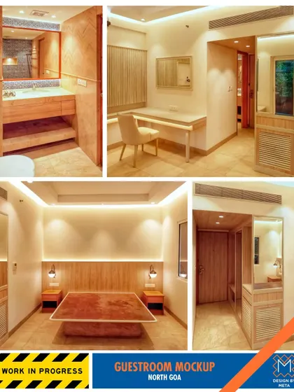 A work-in-progress collage of a guest room mockup in North Goa. This shows the evolution of the design, from the bed and desk area to the bathroom, ensuring every detail is perfect before full-scale implementation.