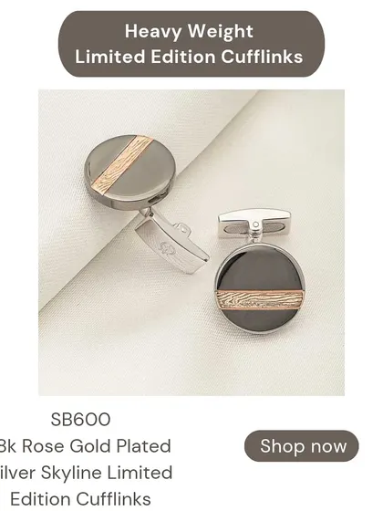 My skyline limited edition cufflinks feature a simple yet elegant design with a rose gold plated stripe on a dark rhodium base. They are crafted from 92.5 silver for a premium feel.