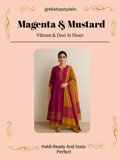 For a look that is vibrant and desi at heart, try Magenta and Mustard. This combination is Haldi-ready and Insta-perfect, full of energy and joy.