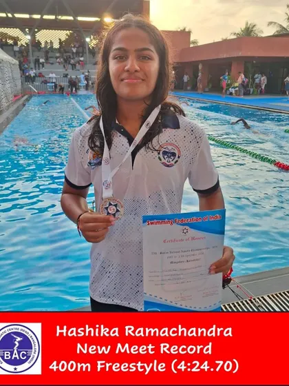 Hashika Ramachandra after setting a new meet record in the 400m Freestyle.