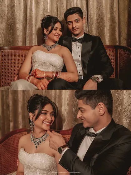 A collage of tender moments from the couple's reception. The classic black-tie attire and their loving interactions create a story of sophisticated romance.