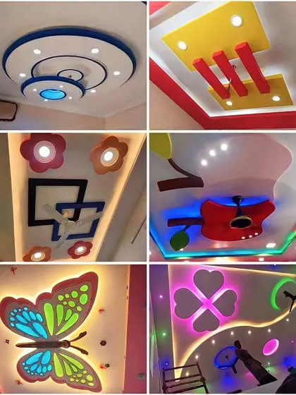 Excellent false ceiling designs for every taste, including playful options for kids' rooms like butterflies and guitars.