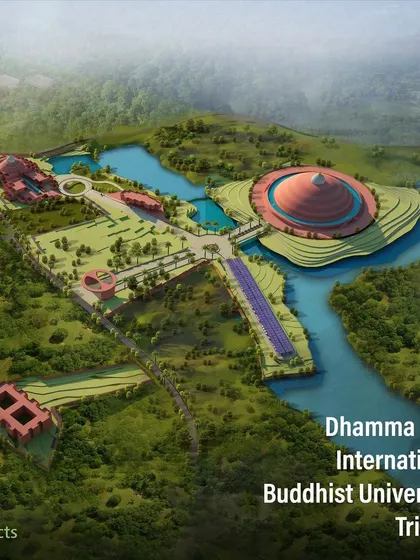 The full master plan for the DDIBU campus in Tripura, showing the integration of academic buildings, the meditation center, water bodies, and green spaces into a single, cohesive vision.