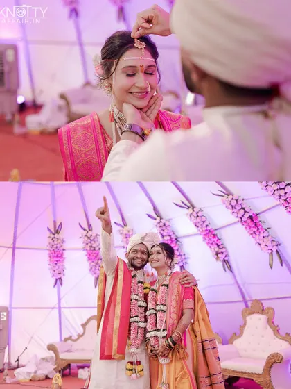 The groom applying sindoor and a celebratory moment post-ceremony. We capture the sequence of events that mark the completion of the wedding vows.