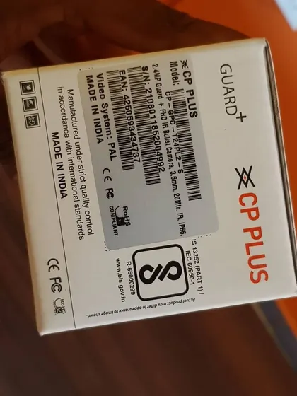 The specification label for a CP Plus Guard+ 2.4MP bullet camera.