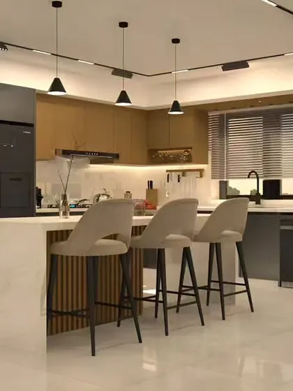 This kitchen showcases a modern island with a waterfall countertop and comfortable bar stools. The combination of wood-look and matte grey cabinets is both trendy and timeless.
