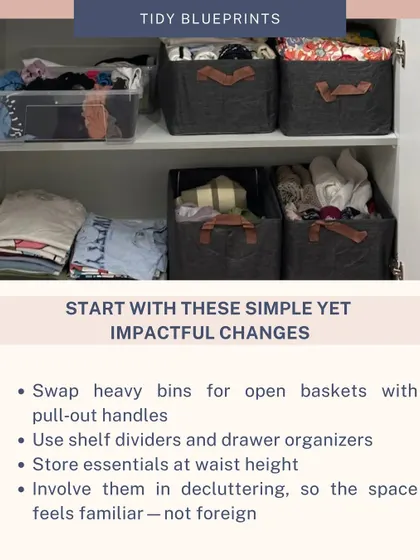 Here are some simple changes for an aging parent's home: swap heavy bins for open baskets with pull-out handles and use shelf dividers to keep things from toppling.