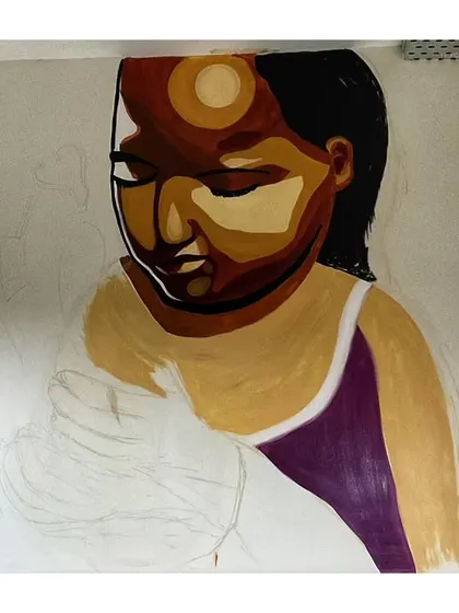 A work-in-progress shot of the central figure in the hospital mural, a child holding a butterfly. The style uses bold shapes and colors.