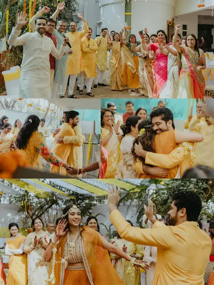 A collage of the groom's entrance and the couple dancing with their family, capturing the lively spirit of the Haldi function.