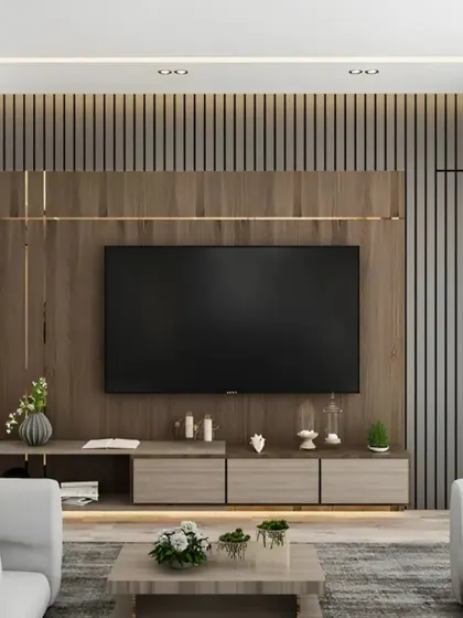 A sleek and contemporary TV wall with vertical wood slats and a simple, elegant brass accent. The minimalist design keeps the focus on the entertainment center while adding a touch of modern warmth.