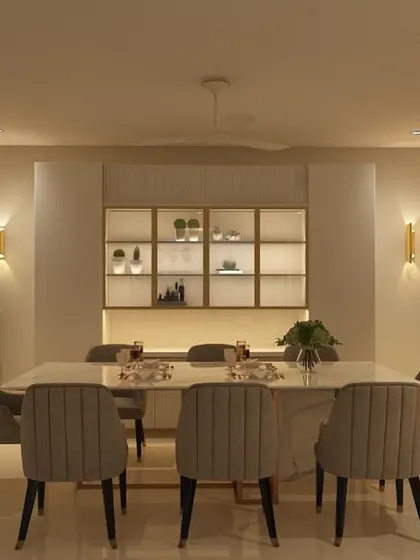 A 3D render of a dining area concept, showcasing a minimalist design with a large clock, elegant wall lighting, and a glass-front crockery unit.