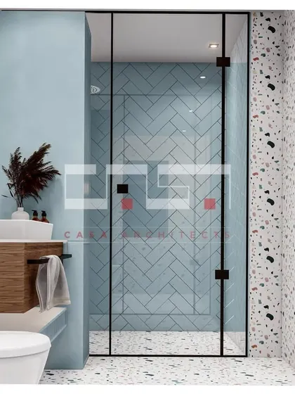 Another angle of the blue and terrazzo bathroom render, showing the clean lines of the glass shower door and the floating wooden vanity.