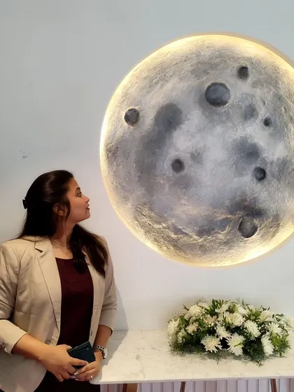 Reflecting on the finished moon mural. It's a privilege to create pieces that bring a sense of wonder and tranquility into a home.