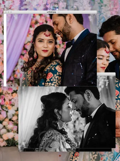 A collage combining color and black and white portraits from the couple's reception.