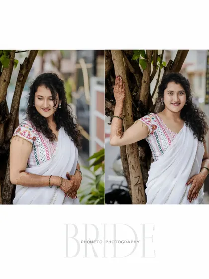 A beautiful diptych of the bride in her white saree and floral jewelry before the Haldi ceremony begins.