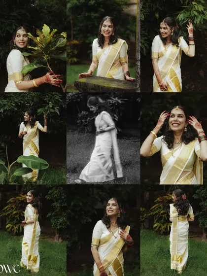 A large collage showcasing the bride's various poses and moods during her outdoor shoot.
