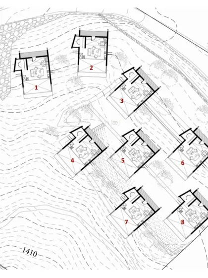 The site plan for the Suwakholi Getaways, showing how the individual cabins are carefully placed along the contours of the hill to maximize views and privacy.