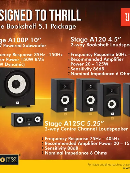 Designed to thrill, this JBL Stage Bookshelf 5.1 Package includes four A120 bookshelf speakers, an A125C center channel, and a powerful A100P 10-inch subwoofer. It's an advanced system that brings the live concert experience to your living room.