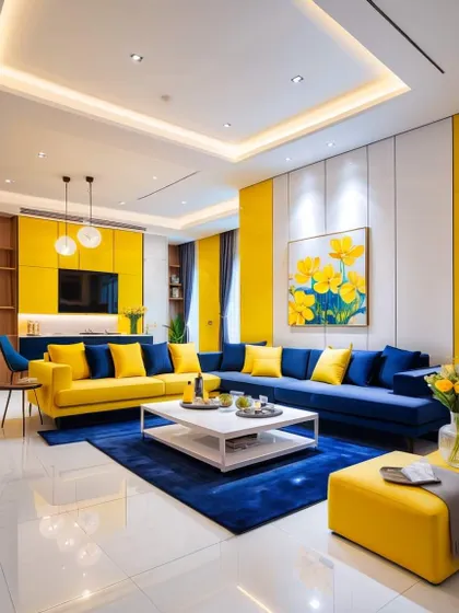 A modern living room with a striking blue and yellow color combination. The design is balanced and sophisticated, using color to create distinct zones.