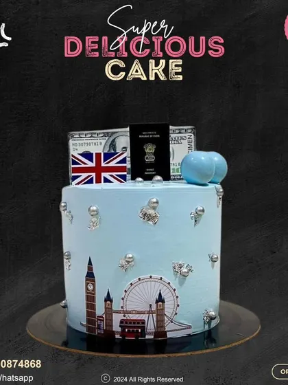 A fun and cheeky cake for someone heading to London! This travel-themed cake features iconic landmarks, a passport, and dollar bills, perfect for a farewell or bon voyage party.