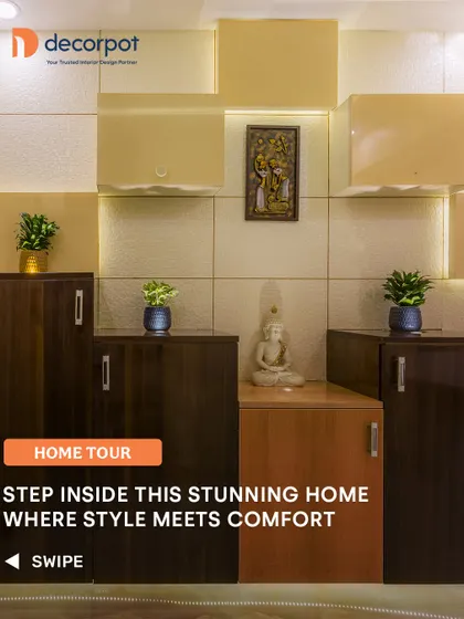 A home tour showcasing a stunning foyer with multi-level cabinets and a serene Buddha statue. This is the first glimpse into a home where every detail is designed for style and comfort.