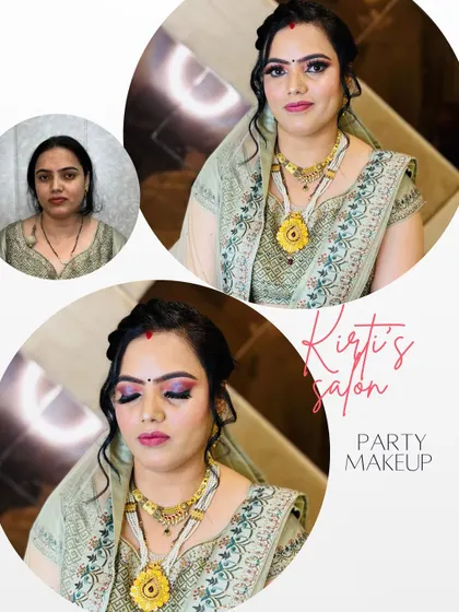 A before and after collage for a party makeup client. The final look is polished and glamorous, completely transforming her for the event.