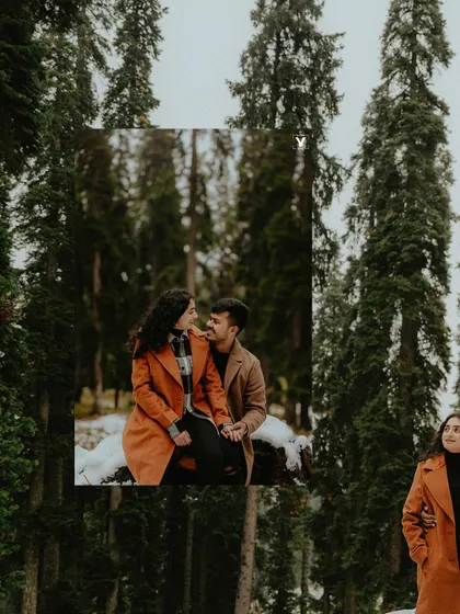 A creative collage from a snowy Kashmir shoot, with a central portrait of the couple framed against a wider forest background, creating a unique visual effect.