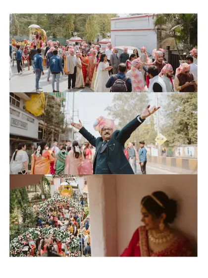A collage capturing the energy of the Baraat and the quiet anticipation of the bride before the ceremony.