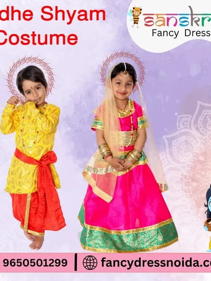 An adorable Radhe Shyam costume set for young children. The image shows a boy in a yellow Krishna outfit and a girl in a bright pink Radha lehenga, perfect for preschool events and fancy dress competitions.