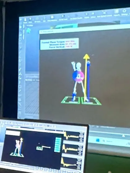The visual output of our force plate technology, showing a 3D avatar of the player's movement. This helps athletes visualize how they are using the ground, making it easier to understand and implement swing changes.