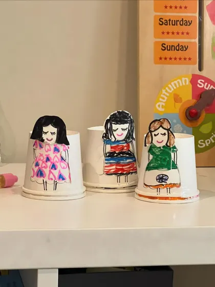 A lineup of our dress-changing dolls. The kids had so much fun designing different outfits for their paper cup characters.