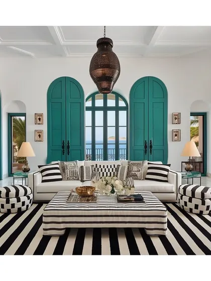 I love the classic black and white stripes paired with bold turquoise doors in this vacation home. It's a beautiful example of how a strong, graphic pattern can create a chic and timeless resort feel.